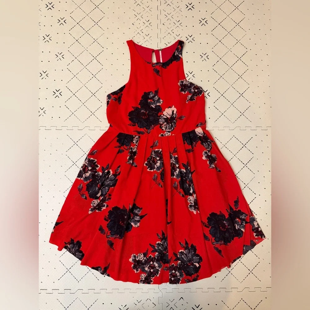 Free People Flutterby Cherry Red Floral Fit &‎ Flare Dress Womens 6